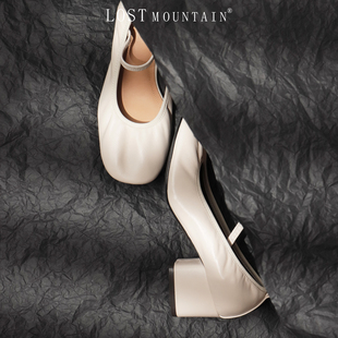 孤山定制一字带浅口玛丽珍软皮高跟鞋女2025新款圆头粗跟大码单鞋