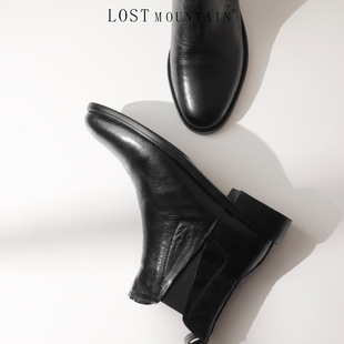 孤山定制2025新款软皮切尔西短靴女大码单靴子圆头粗跟马丁靴百搭