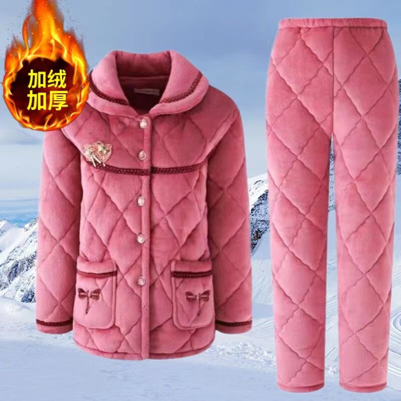 冬季夹棉睡衣女中老年妈妈婆婆三层加厚保暖珊瑚绒棉袄家居服套装