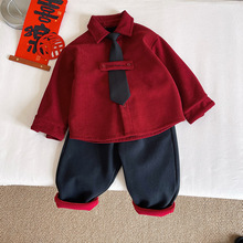 幼儿园男童灯芯绒长袖衬衫加绒2025冬童装男孩新年款衬衣领带上衣