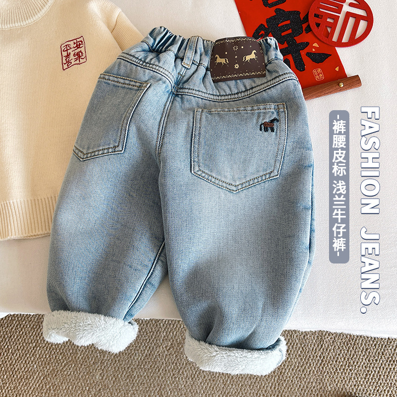 2025冬季新款童裤儿童小马刺绣加绒牛仔裤男童加厚保暖长裤