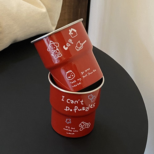高级感正红色手绘涂鸦小马野营杯 304不锈钢ins卡通小狗漱口杯
