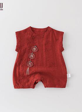 MXAG中式婴儿夏季衣服男宝宝夏装连身衣薄款红色喜庆满月百天周岁