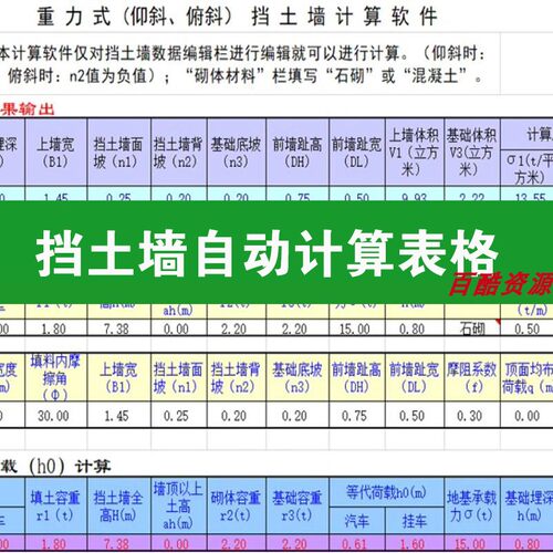 各种悬臂式重力式挡土墙自动计算表格excel及常用几何图形参数