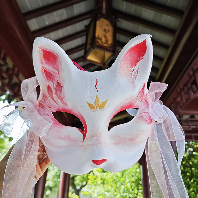 古风手绘半脸纸浆狐狸面具汉服拍照配饰粉色国风漫展穿搭面罩女