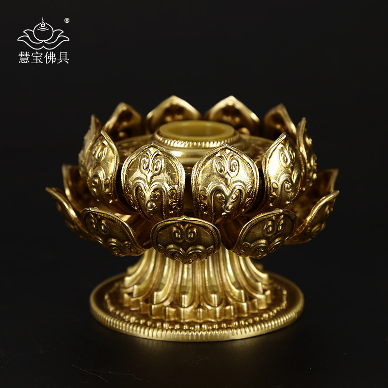 慧宝手摇转莲花底座A手持木柄筒莲花插座黄铜单双层莲瓣桌面摆件