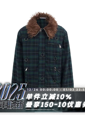 POH 24AW 英格兰朋克复古蓝绿格纹铁环高领棉服夹克外套