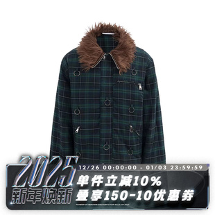 POH 英格兰朋克复古蓝绿格纹铁环高领棉服夹克外套 24AW