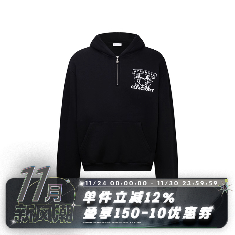 POH复古灯箱印花加绒连帽卫衣