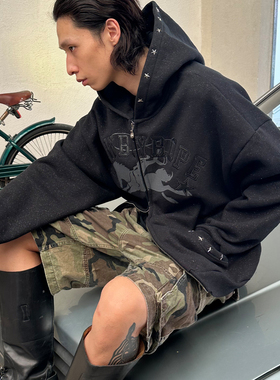 POH HOODIE 黑骑术 裂纹皮贴布 闪钻面料 星型撞钉 460G加绒卫衣