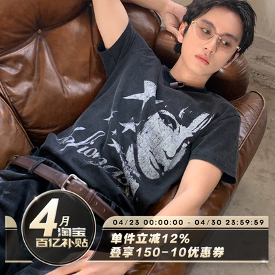 SADSOUP水洗褪色摇滚印花短袖