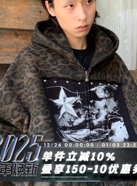 POH LEOPARD HOODIE 碎鹰旗 朋克手工贴布 棕色豹纹 410G加绒卫衣