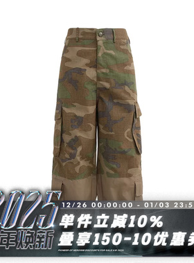 POH 24SS 假两层磨破拼接迷彩卡其机车多口袋休闲直筒阔腿裤长裤