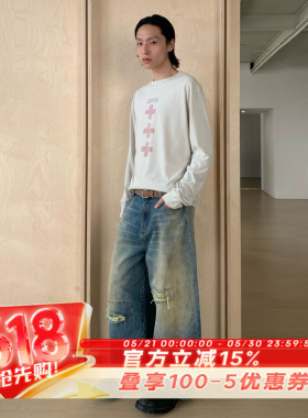 SADSOUP cortis James赵雨凡同款  泥染水洗补丁阔弯刀廓形牛仔裤