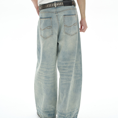 SADSOUP弯刀裤水波纹牛仔长裤