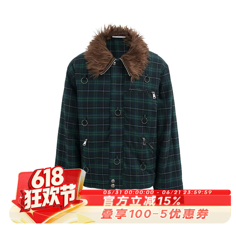 SADSOUP  英格兰朋克复古蓝绿格纹铁环高领棉服夹克外套