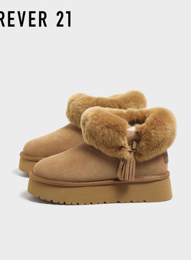 F21獭兔毛牛皮雪地靴女2025新款冬季加绒加厚保暖外穿防寒棉鞋子