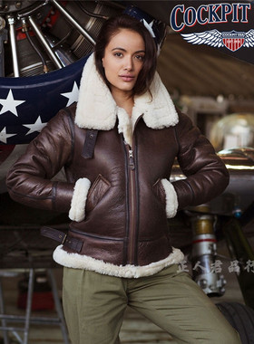 美国原产cockpit B3皮毛一体 女士皮夹克 修身保暖 欧美休闲皮衣