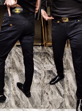 21066秋冬男士黑色欧货高腰直筒黑色牛仔裤男弹力商务休闲长裤潮