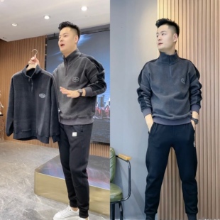 秋季男士拼接休闲摇粒绒外套卫衣男宽松潮牌春秋上衣春装男款男装