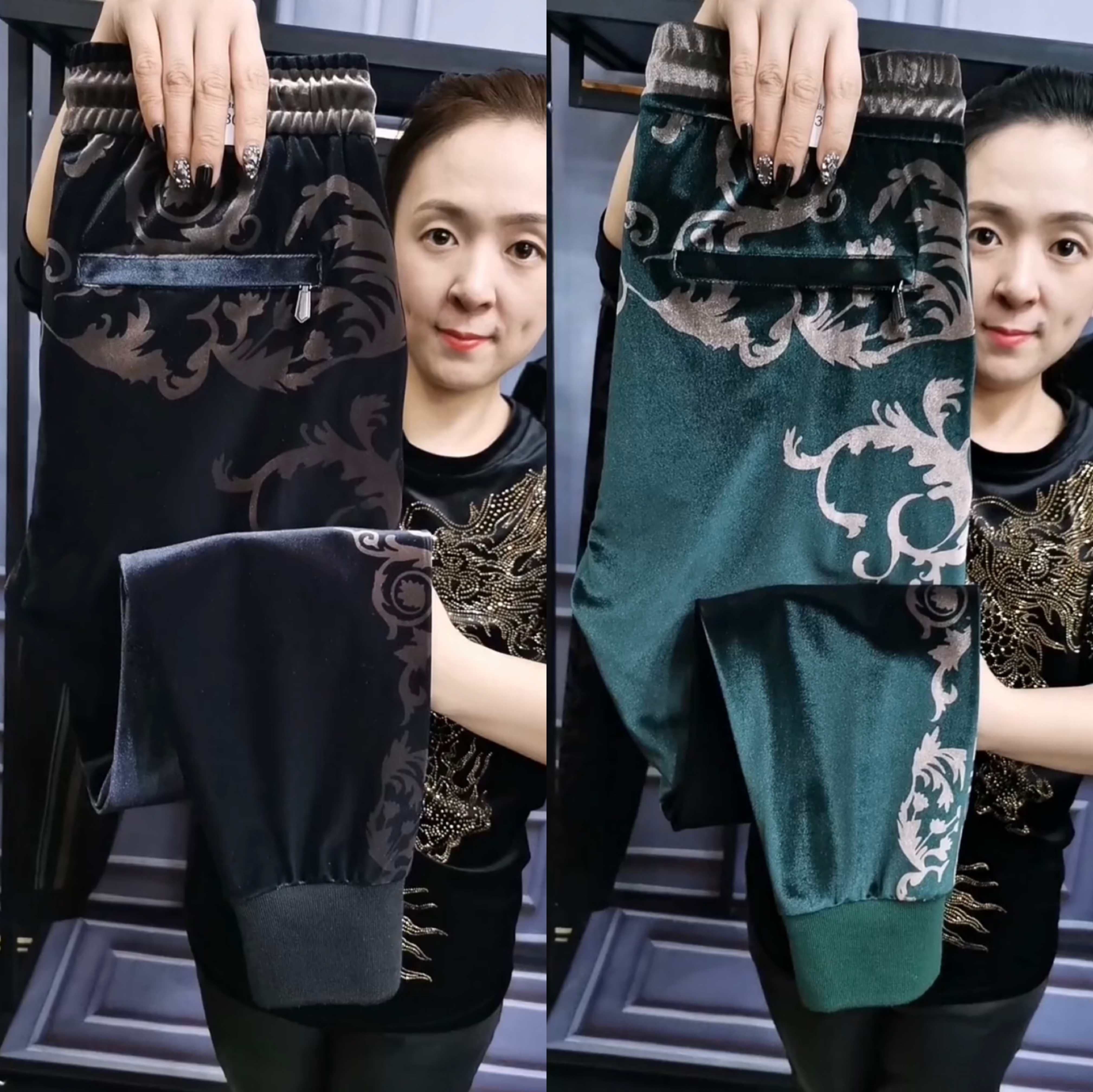 565秋冬金丝绒青花瓷裤子小脚裤