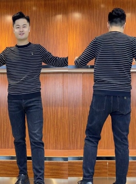 8887秋冬新款条纹圆领毛衣冬季长袖针织衫修身显瘦时尚打底衫男潮