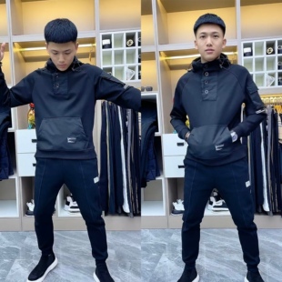 8079春秋男士 上衣男 黑色潮牌连帽卫衣男小众情侣套头外套休闲长袖