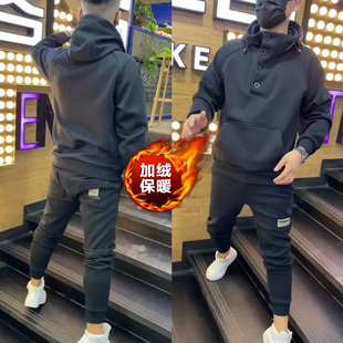 上衣外套 长袖 048秋冬男士 黑色连帽休闲运动加绒卫衣宽松潮牌男装