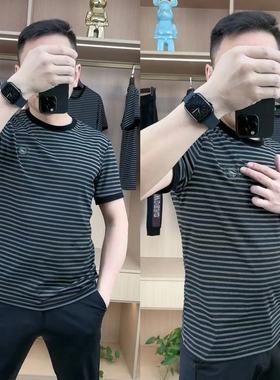 9946夏季新款男士圆领条纹短袖男欧货舒适弹力透气凉爽半袖T恤男