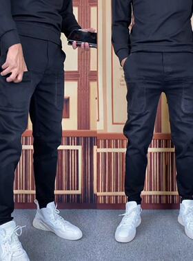 87男士秋季小脚裤六口袋多兜马裤工装裤大码男裤长裤黑色休闲裤男