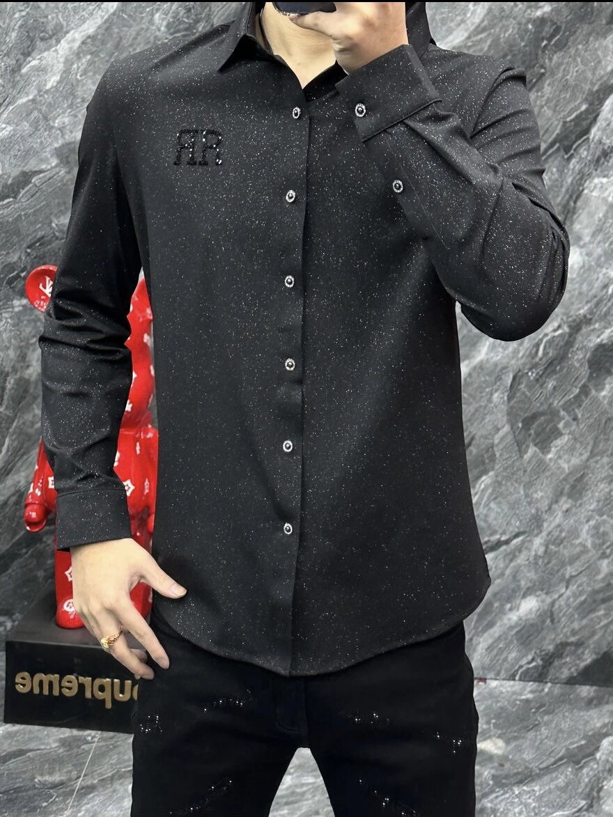 翻领长袖轻奢烫钻衬衫