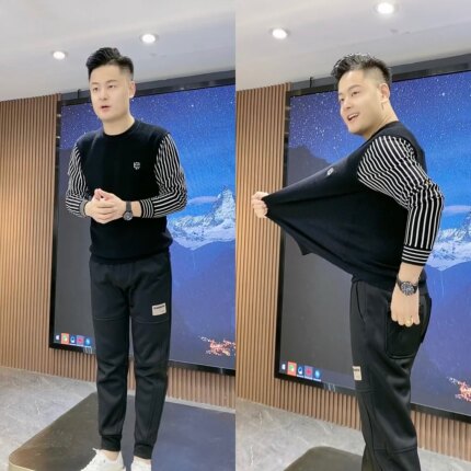 秋冬新款拼色假两件长袖毛衣时尚潮流圆领套头冬季针织打底衫男潮