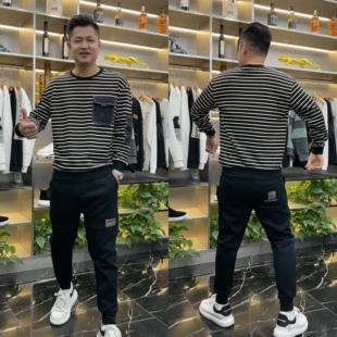 情侣卫衣小众美式 T恤2023新款 复古条纹男春秋款 小衫 圆领长袖 秋季