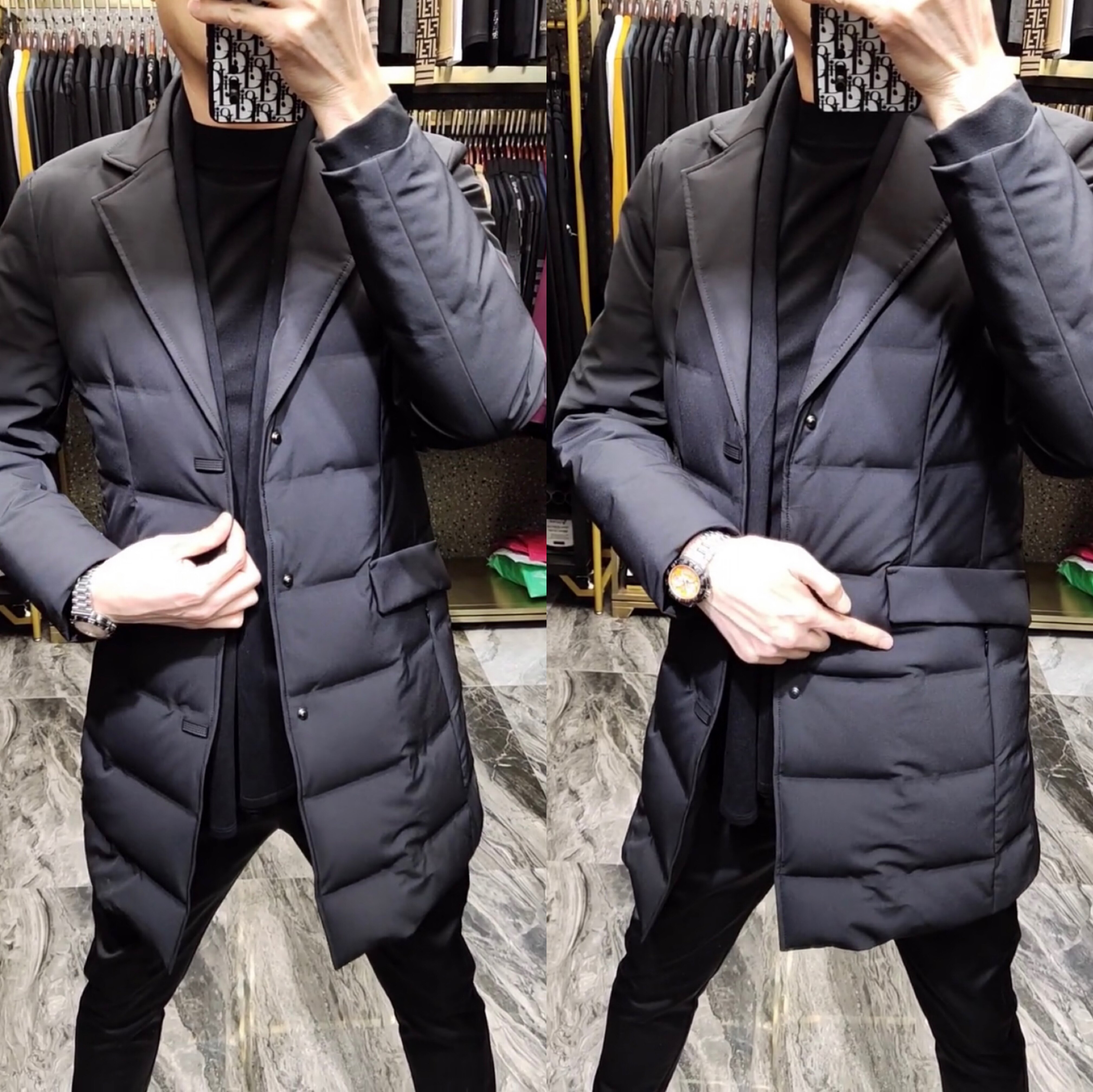 黑色长款男欧货翻领修身羽绒服