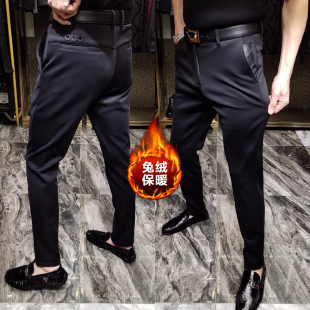 181秋冬男款黑色高腰直筒加绒休闲裤冬季男商务西裤长裤厚款男裤