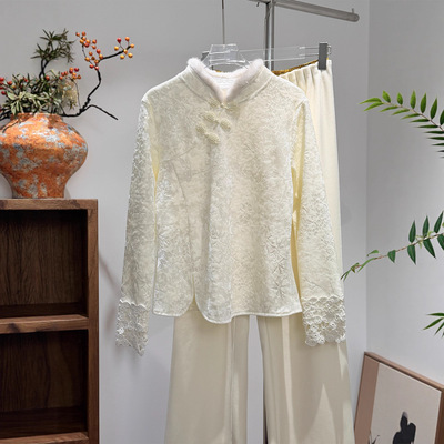 蕾丝袖口打底衫加绒新中式国风改良旗袍式立领衬衫提花修身上衣冬