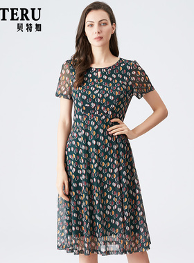贝特如正品连衣裙女夏季新款时尚网纱妈妈装收腰中长款印花裙子EL