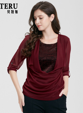 贝特如妈妈春装新款上衣中老年女装假两件红色小衫喜庆婚宴婚礼YB