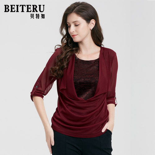 t恤新款酒红色中老年女装