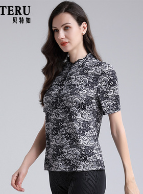贝特如T恤夏季休闲衫妈妈装短袖中年纽扣立领通勤灰色花纹修身YJ