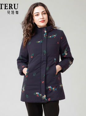 贝特如棉服外套妈妈装冬季潮流时尚洋气立领印花宽松中长款EY