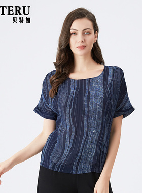 贝特如减龄妈妈夏装T恤女新款创意树纹年轮印花休闲蓝上衣EL