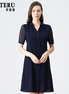 贝特如雪纺连衣裙夏装新款中年女士气质短袖修身妈妈中长款裙子EL