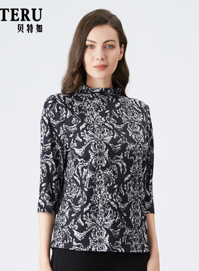 贝特如T恤夏新款印花妈妈装七分袖上衣女薄款休闲中年小衫EL