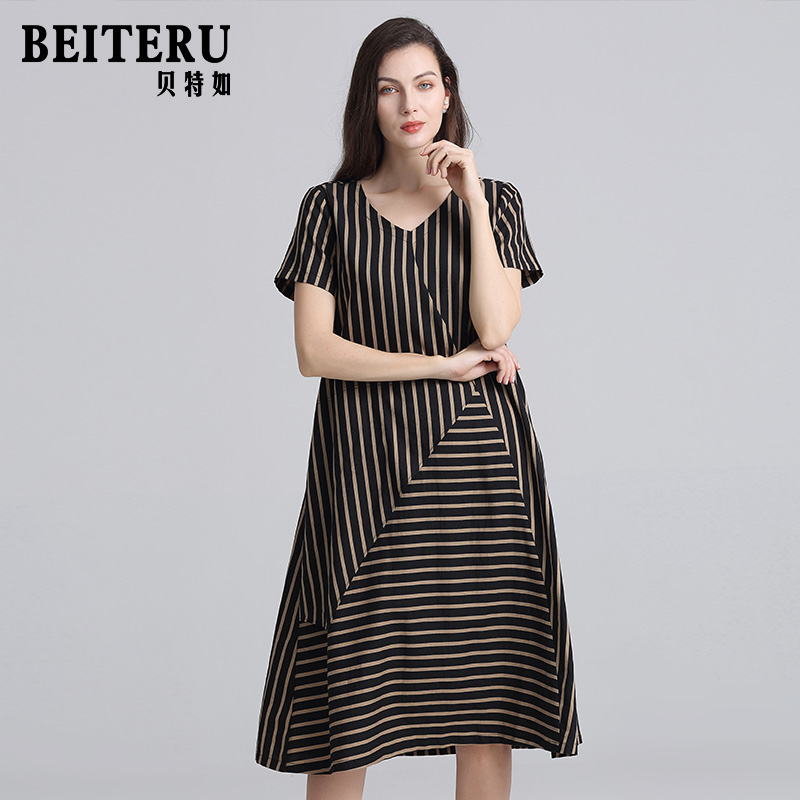 贝特如专柜正品亚麻连衣裙女夏时尚新款宽松条纹妈妈装过膝长裙YJ