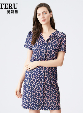 贝特如妈妈连衣裙夏季中年女士新款短袖V领气质碎花中长裙EL