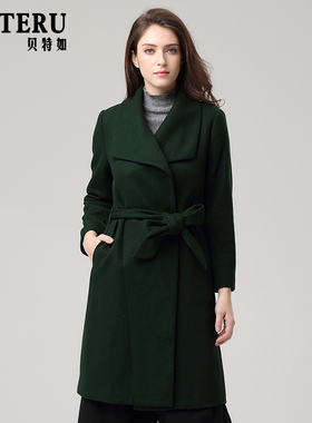 贝特如外套毛呢大衣气质中老年妈妈冬装腰部系带墨绿色显瘦中长款