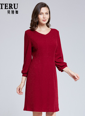 贝特如妈妈气质连衣裙秋季中年女装红色喜庆婚宴礼服裙专柜正品YJ