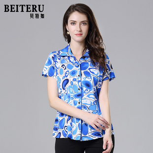 蓝白色40岁50中老年衬衣专柜正品 贝特如妈妈上衣夏季 时尚 衬衫 短袖