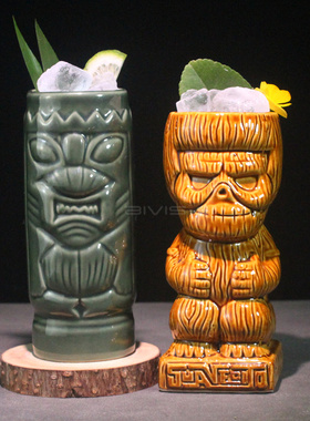 美式鸡尾酒杯陶瓷夏威夷风TIKI杯鬼脸绿色提基杯果汁长饮杯调酒杯